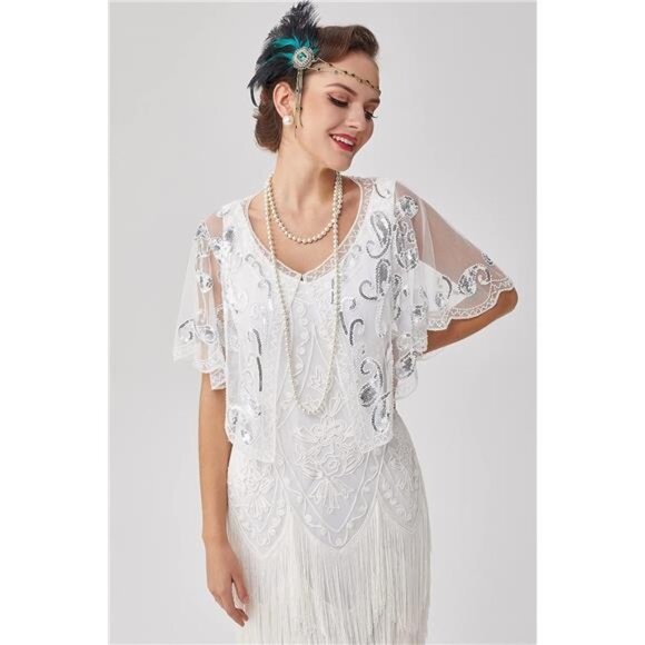 Shawl Wraps Sequin Beaded Cape White - Picture 2 of 6